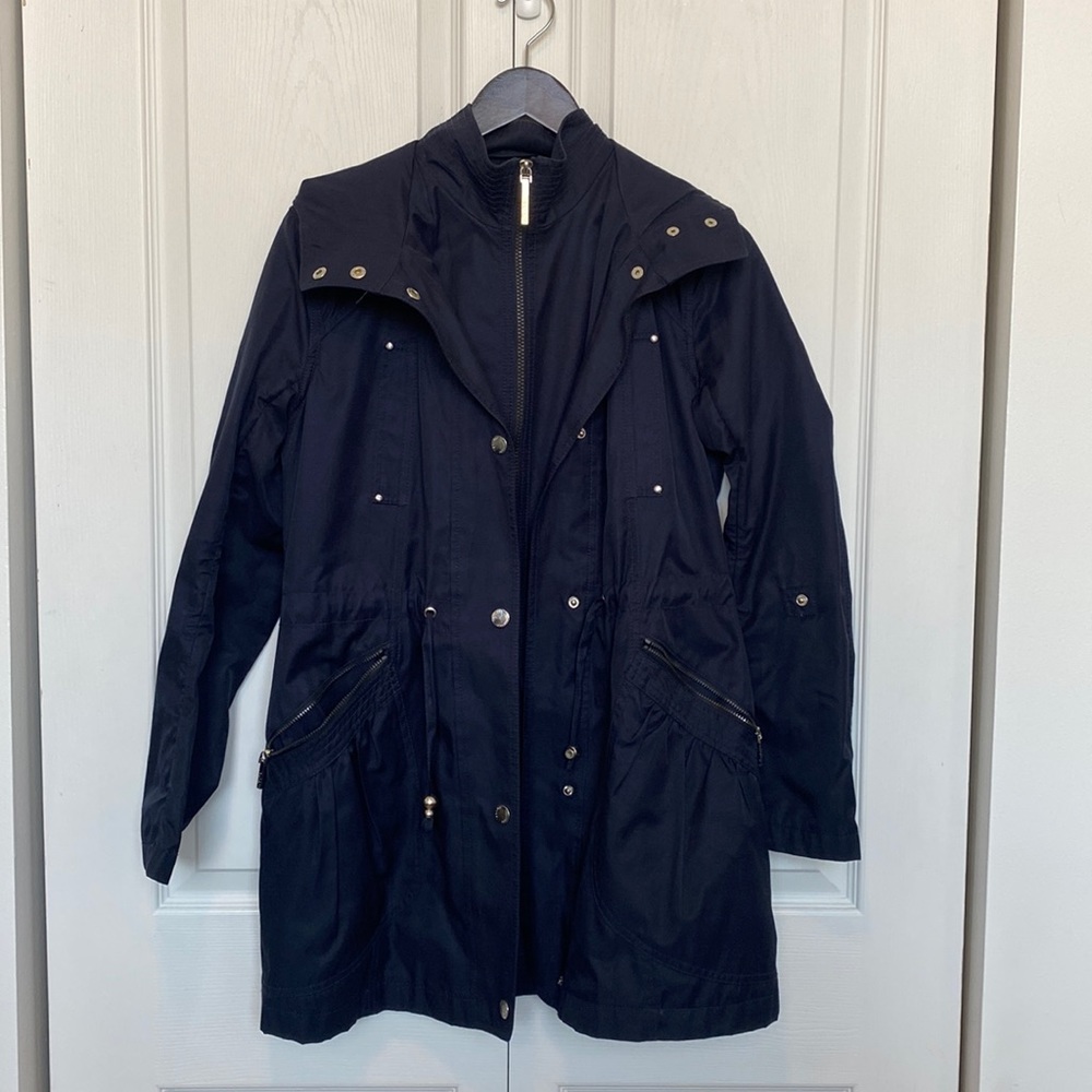 Navy blue raincoat with hood